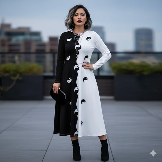 All-over print long sleeve yin and yang midi dress