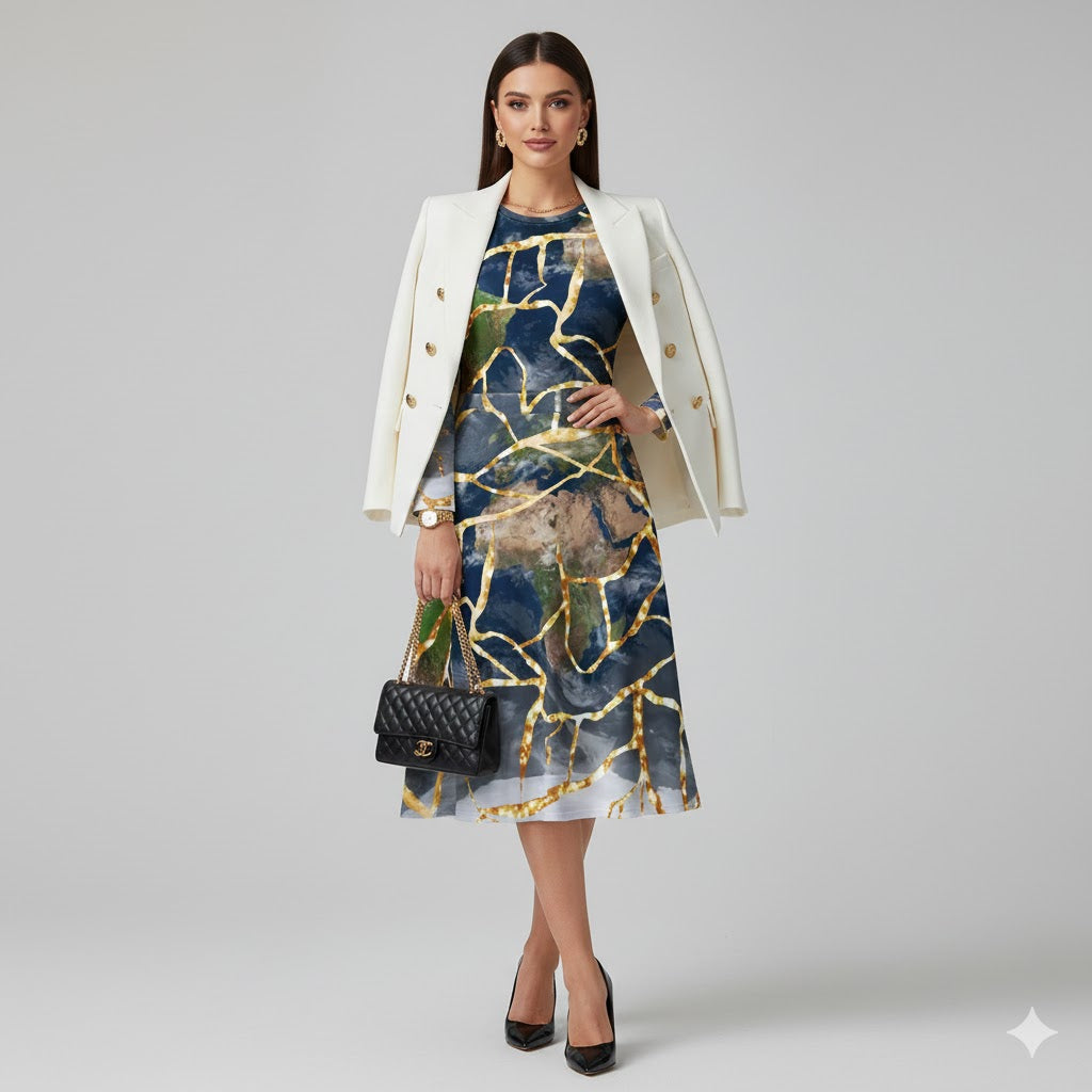 🌍 The Kintsugi Earth Dress: Healing &amp; Harmony Long-Sleeve Dress