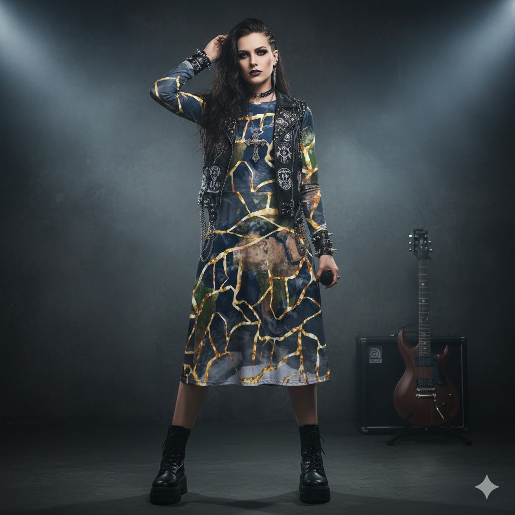 🌍 The Kintsugi Earth Dress: Healing &amp; Harmony Long-Sleeve Dress