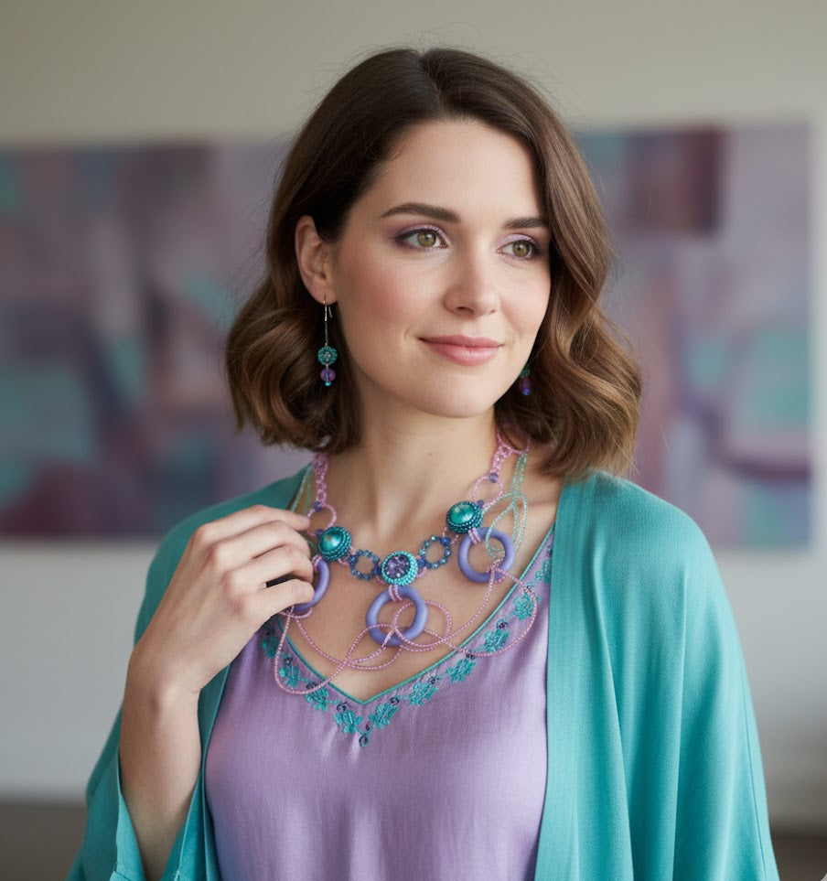 Model wearing handmade artisan necklace
