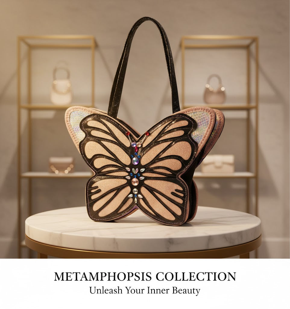 Close-up of a unique butterfly-shaped fashion Luxury bag. The wings feature a shimmering holographic texture with black embroidery, while the center is decorated with blue, red, and clear rhinestones against a velvet-textured background.
