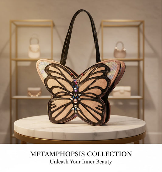 Close-up of a unique butterfly-shaped fashion Luxury bag. The wings feature a shimmering holographic texture with black embroidery, while the center is decorated with blue, red, and clear rhinestones against a velvet-textured background.