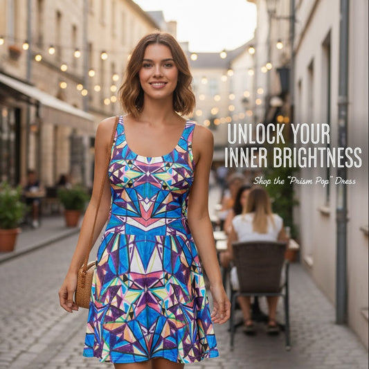 Woman wearing the Prism Pop colorful geometric sundress walking down a sunny European street.